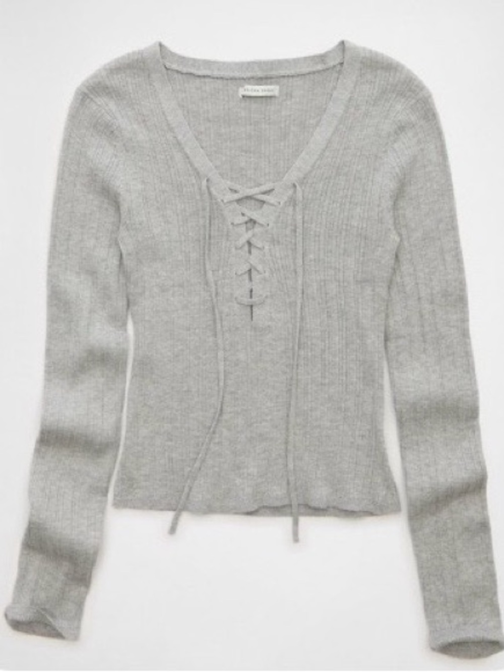 Ribbed Lace-Up Sweater - Light Gray